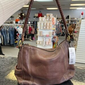 Fossil Brown Leather Shoulder Bag with Braided Handle